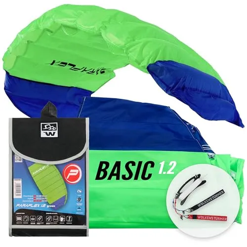 Wolkenstürmer® Paraflex Basic Lenkmatte 1.2 (grün) - Drachen für Kinder ab 6 Jahren, ideal für schnellen Flugspaß und einfach zu lenken. Inklusive 2x25m Polyesterleinen, sofort einsatzbereit und extrem robust!