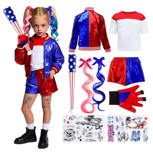 Clown Girl Kostüm 150 - Komplettes Set für Kinder - Kostüme für Kinder, inklusive hochwertiger Jacke, T-Shirt, Shorts und Accessoires für unendlichen Spaß beim Cosplay.