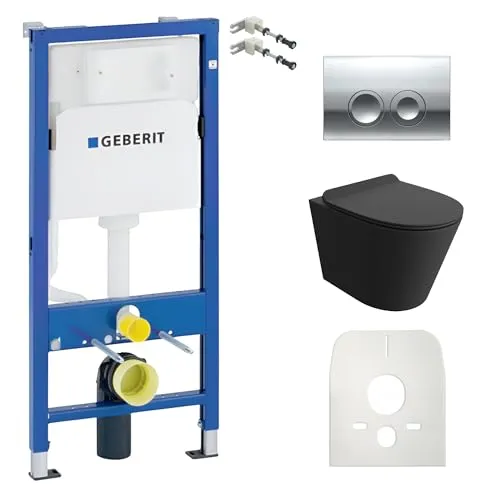 Lavita Duofix Basic Komplettset: Vorwandelement, Wand Tiefspül WC Galve Schwarz - Sanitäranlagen & Zubehör: Komplettset mit robustem Geberit Duofix Vorwandelement, spülrandlosem WC und komfortablem Soft-Close Sitz für mühelose Reinigung und Wasserersparnis.