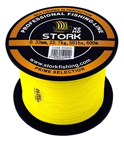 Stork HDx8, 8-Fach geflochtene premium Angelschnur 600m (Gelb, 40 lbs / 18.1 kg / 0.28 mm)