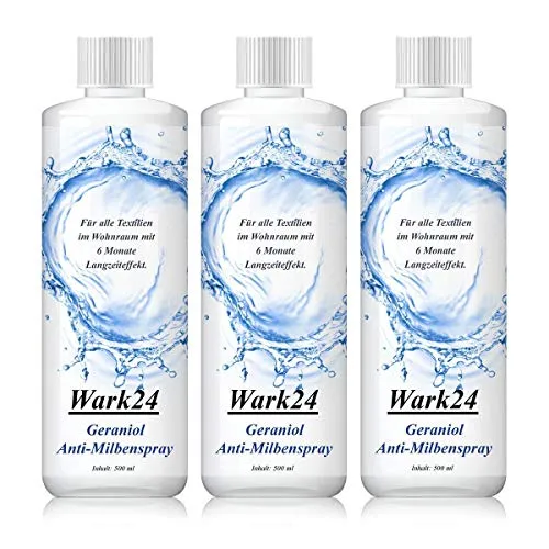 Wark24 Geraniol Anti-Milbenspray 3 x 500 ml - Effektiver Milbenschutz für Textilien in praktischem 3er Pack. Mit natürlichem Geraniol für eine milde Anwendung – ideal für Allergiker und sorgt für frische Luft im Wohnbereich.