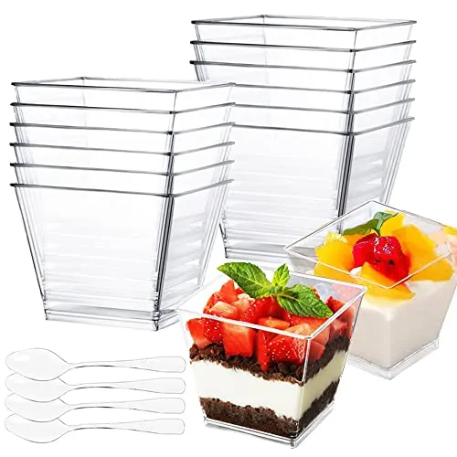 Stück Dessertgläser Plastik mit Löffeln, 60ML Dessertbecher Klare Dessertschalen Wiederverwendbar Quadratischer Desserttassen Trapezoid Becher für Zuhause Desserts Pudding Mousse Eis Party 50