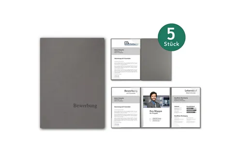 3-teilige Bewerbungsmappen BL-exclusivdruck® EASY in Steingrau - Premium-Qualität mit edler Relief-Prägung - Hochwertige 3-teilige Bewerbungsmappen in Steingrau, ideal für die professionelle Präsentation Ihrer Unterlagen. Die edle Relief-Prägung sorgt für einen bleibenden Eindruck und die Klarsicht-Klemmschiene bietet Platz für bis zu 25 Blatt.