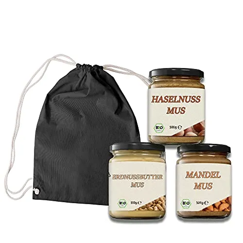 Mynatura Bio Mus-Set 1 I Haselnussmus I Erdnusbuttermus I Mandelmus I Aufstrich I Nussmus I Mus I Kochen I Backen I 1500g (Baumwoll Gymbag)
