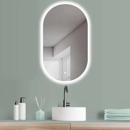 HOKO LED Design Spiegel oval 45 x 75 cm - Badezimmer Wandspiegel mit flexibler Montage (hoch/quer), Touch-Schalter und Memory-Funktion für individuelles Licht - ideal für modernes Bad-Design.