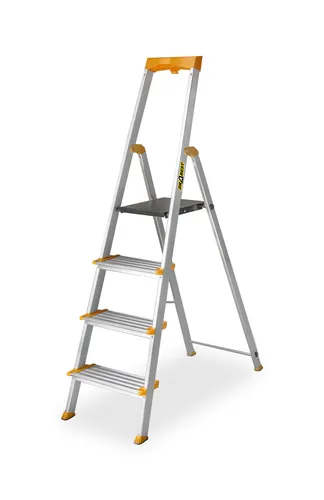 DRABEST Trittleiter 4 Stufen Klappbar - Stabil und Rutschfest - Leitern mit 120 mm breiten, rutschfesten Stufen für maximale Stabilität. Ideal für Hausgebrauch und Arbeit, trägt bis zu 150 kg und bietet eine integrierte Werkzeugablage.