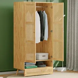 2-türiger Rattan-Kleiderschrank mit Stange, Flip-Top-Deckel, Naturlook, ideal für Schlafzimmer & Wohnzimmer, 90x45x183cm