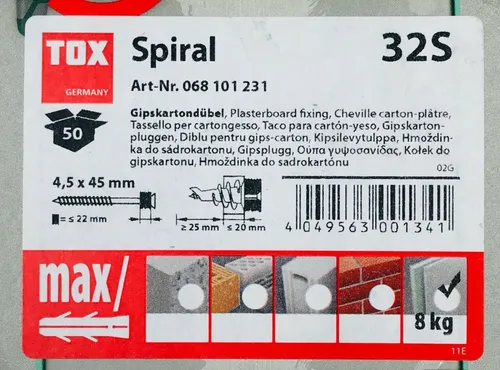 Tox Gipskartondübel Spiral 32S mit Schraube VPE 50 Stück
