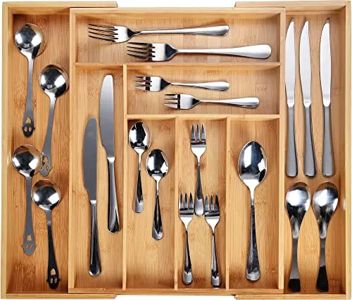 Harcas Besteckkasten fur Schubladen aus Bambus. Schubladeneinsatz mit 6-8 Fächern. Großer, Ausziehbarer Küchenorganizer