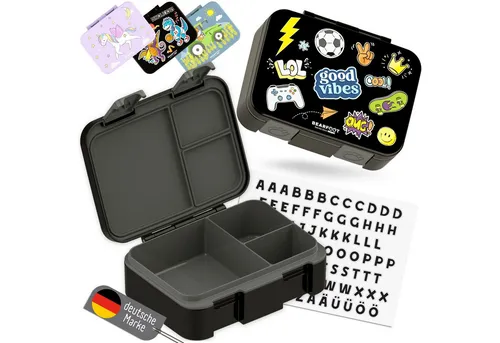 BEARFOOT Lunchbox Brotdose mit Fächern, leicht & auslaufsicher - Sticker schwarz, PP, ABS, Silikon, Kindergarten und Schule - Mädchen und Jungen, Vesperbox, Snackbox