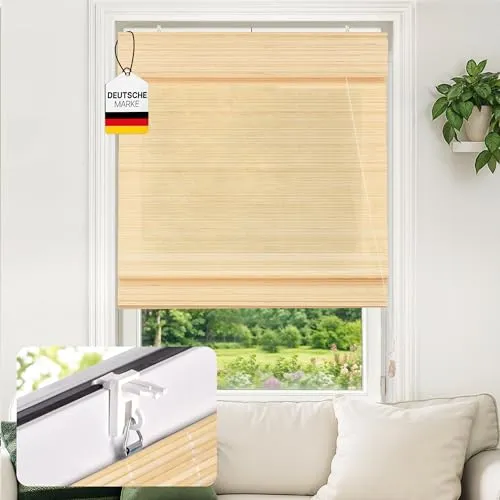 Victoria M. Klemmfix Bambus Raffrollo Sonnenschutz Sichtschutz Rollo Seitenzugrollo ohne Bohren, für Fenster und Türen, 140 x 220 cm, Natur