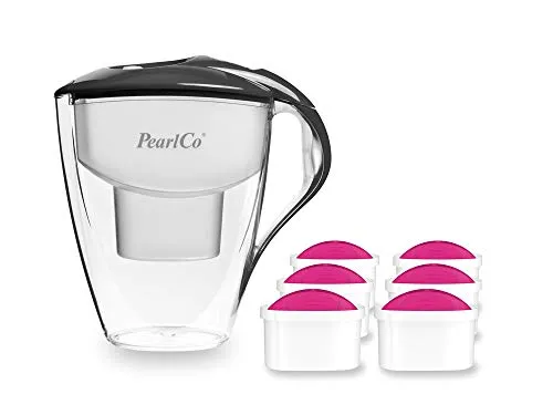 PearlCo Wasserfilter Astra (anthrazit) - 6 AquaMag Filterkartuschen - Filterkannen für Trinkwasser: 6 Monate Kartuschen für bis zu 900L Magnesium-reiches Trinkwasser, BPA-frei und mit manuellem Wechselanzeiger für einfachen Kartuschen-Tausch.