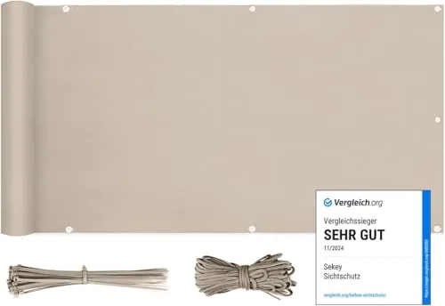 Sekey Balkon Sichtschutz Balkonabdeckung Balkonverkleidung blickdichte Wind- und UV-Schutz, 100% Privatsphäre, mit Ösen, Nylon Kabelbinder und Kordel, 90 x300cm Taupe