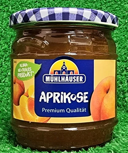 Mühlhäuser APRIKOSE Konfitüre 450 g - Premium Qualität - Hochwertige Aprikosen-Konfitüre im 450 g Glas, ideal für Frühstück und Dessertliebhaber. Genießen Sie den fruchtigen Geschmack mit jedem Löffel!