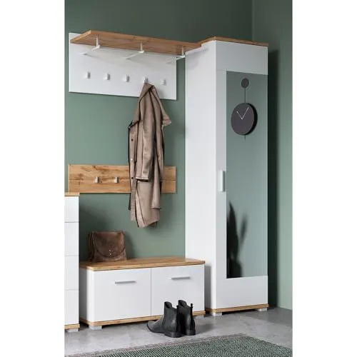 Lomadox Garderoben-Set HUESCA-129 - Elegantes Garderoben-Set in weiß Hochglanz mit Wotan Eiche, ideal für einen stilvollen Flur. Bietet praktische Aufbewahrungslösungen und ein modernes Design für jeden Eingangsbereich.