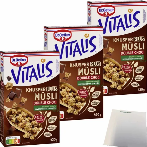 Dr.Oetker Vitalis Knusper Plus Müsli Double Choc 3x420g Packung usy Block
