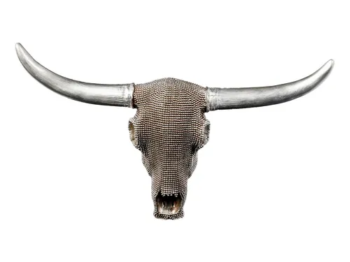 Figuren Shop GmbH Wandrelief Büffel-Schädel mit Silber Noppen - Wandskulptur aus Kunststein, handbemalt und verziert mit glänzenden Hörnern. Ein beeindruckendes Deko-Highlight für jedes Zuhause!