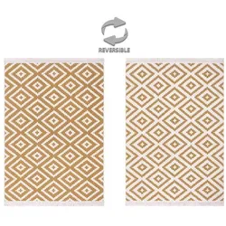 Jimri Teppich Kelim, Rechteckig, 160x230 cm, Goldfarben - Teppich aus recyceltem Baumwoll- und Polyestergarn, wendbar mit handgeknoteten Fransen. Ideal für Wohnzimmer oder Flur, fußbodenheizungsgeeignet und pflegeleicht.