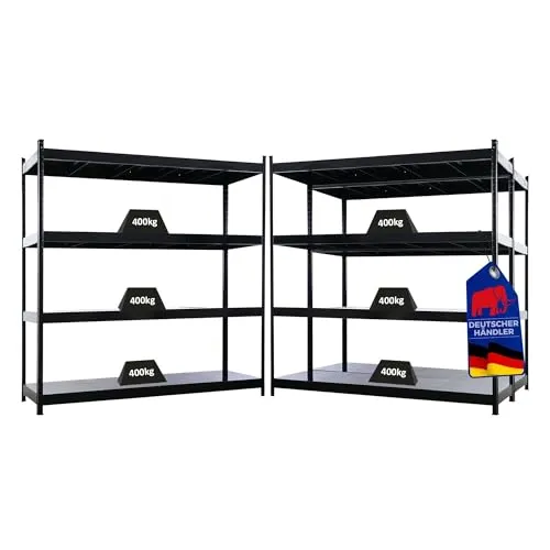 PROREGAL Mega Deal 3X Profi Schwerlastregal Hercules schwarz 200x200x60cm - PROFI SCHWERLASTREGAL FÜR INDUSTRIE UND WERKSTATT: Das HERCULES Regal bietet 4 verstellbare Ebenen, eine Tragkraft von bis zu 400 kg pro Ebene und ist ideal für schwere Gegenstände. Schneller Aufbau ohne Schrauben für sofortige Nutzung.