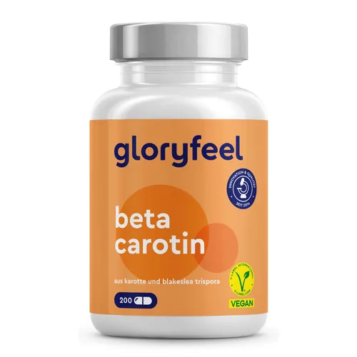 gloryfeel® Beta Carotin Kapseln - Aus Karottenextrakt - Nahrungsergänzungsmittel mit 200 Kapseln, reich an Antioxidantien für eine gesunde Haut und Augen. Rezeptfrei von Gloryfeel GmbH.