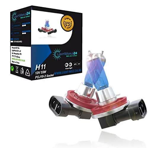 Produktbild LIGHTWORLD24 Halogen Auto Lampen H11 12V 55W PGJ9-2 6000K Kalt Weiß Xenon Optik Ultra White Look Birnen Lampe Abblendlicht Nebelscheinwerfer Fernlicht Kurvenlicht Zulassung E-Prüfzeichen