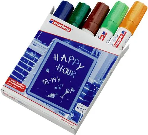 edding 4090 Kreidemarker - 5 bunte Stifte mit Keilspitze - Schreibutensilien für kreative Gestaltung: Gut deckende, geruchsneutrale Flüssigkreide auf Wasserbasis, ideal zum Beschriften und Verzieren von Fenstern und Tafeln. Feucht abwischbar von fast allen geschlossenen Oberflächen.