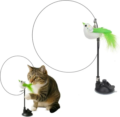 FUNFY Tier-Intelligenzspielzeug Vogel mit Federn, Katzenangel Spielzeug 2 Spielmodi, Selbstspiel Training, reusable suction cup for floor
