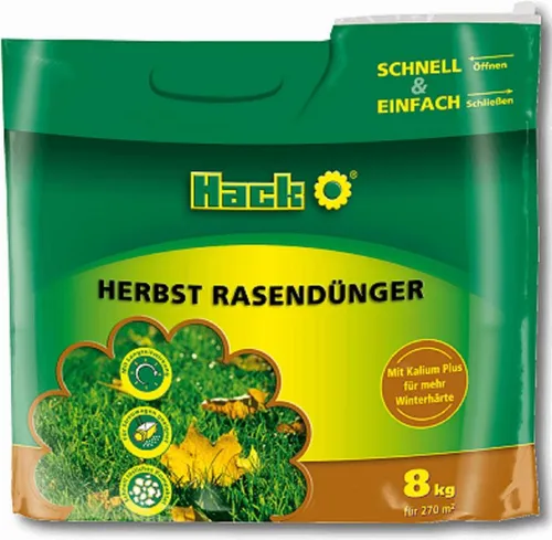 Hack Herbst Rasendünger 8 kg - Dünger für Rasen mit Langzeitwirkung, ideal für den Herbst, enthält hohen Anteil an Kalium und ist für Streuwagen geeignet.