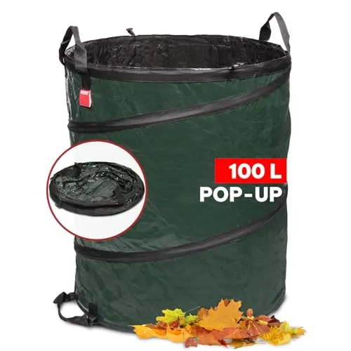 Gartensack POP-UP Größe M 100 Liter – Selbststehender und faltbarer Gartenabfallsack - Gartenabfallsack mit 100 Litern Fassungsvermögen, selbststehend durch Pop-Up-Feder und reißfestem Material, ideal für die einfache Entsorgung von Grünschnitt und Laub.