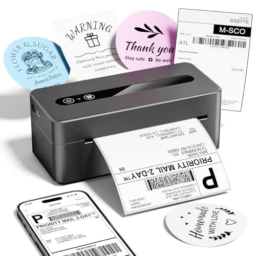 TATTMUSE Bluetooth Etikettendrucker, Etikettiergerät 4x6 Label Drucker für Barcode, DHL Label Printer Unterstützt iOS, Android, Windows und Mac, Grau