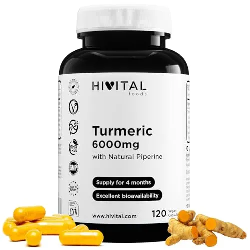 Kurkuma 6000 mg. 120 vegane Kapseln für eine 4-monatige Kur. 95% konzentrierter Extrakt mit 285 mg Curcumin und Schwarzem Pfeffer. Hergestellt von HIVITAL