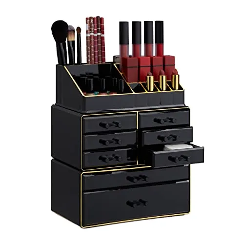 Make up Organizer - Kosmetik Aufbewahrung Schminkständer - Praktischer Acryl Schmuckkasten in Schwarz-Gold für stilvolle Kosmetikaufbewahrung, ideal für jedes Badezimmer oder Schminktisch.