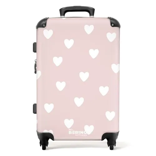 NoBoringSuitcases.com® Mädchen Reisekoffer - Pink mit Herzen - Mittelgroßer Hartschalenkoffer für Kinder, 67x43x25cm, mit 72 Litern Volumen und integriertem Zahlenschloss für maximale Sicherheit auf Reisen.