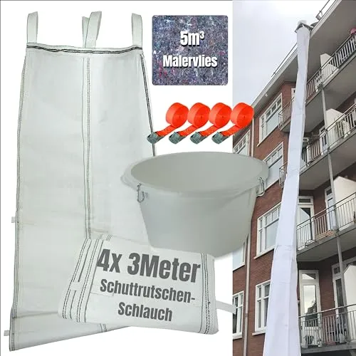 Schuttrutsche 12m | Flexibles Bauschuttrutschen Set für einfache Entsorgung - Tropftücher & Kunststofffolie – 12m Schuttrutsche mit stabilen 3m Schläuchen, Einfülltrichter und Malervlies für eine effiziente Bauschutt-Entsorgung auf der Baustelle.