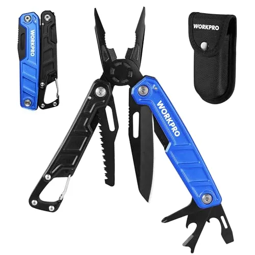 WORKPRO Multifunktionszange 11-in-1 Faltbar Multitool Werkzeug Edelstahl Multifunktionswerkzeug mit Karabiner Spitzzange Kabelschneider Flaschenöffner Schraubendreher für Outdoor mit Tragtasche Blau