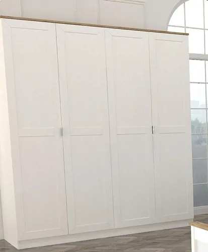 Moderne 180cm Kleiderschrank in Weiß aus Holz - Kleiderschrank für Erwachsene mit 4 Türen und 7 Regalfächern. Zeitloses Design, ideal für stilvolle Schlafzimmer. Helles Holz sorgt für eine freundliche Atmosphäre.