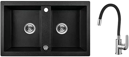 KOLMAN Granitspüle 48x78 cm Elza - Doppelbecken Schwarz - 2 Becken Spülbecken, extrem kratzfest und hitzebeständig; inklusive flexibler Spültischarmatur und Siphon für bequemen und hygienischen Abwasch.