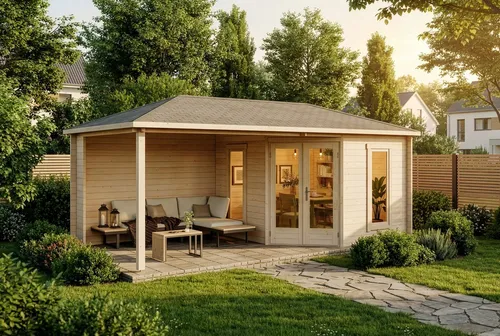 Alpholz Gartenhaus Holz 5-Eck Liwa - Gartenhaus aus naturbelassener Nordischer Fichte, mit 2 bodentiefen Fenstern und Walmdach – ideal für Gartenliebhaber, die Stil und Funktionalität schätzen.