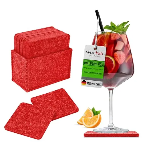 wortek Filzuntersetzer eckig für Gläser – 10er Set mit Aufbewahrungsbox, Glasuntersetzer für Getränke, Tassen, Bar, Glas - Ø 10cm Tischuntersetzer Untersetzer Gläser Rot