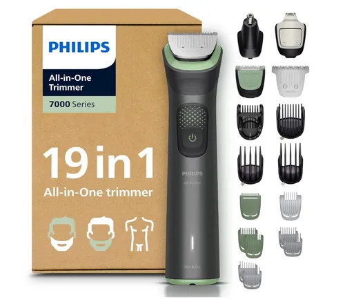 PHILIPS Multigroom Series 7000 - 19-teiliger Barttrimmer und Haarschneider - Vielseitiger All-in-One-Trimmer mit 19 Aufsätzen und 26 Längeneinstellungen (0,5-20 mm) für präzises Styling. Selbstschärfende Metallklingen und BeardSense-Technologie garantieren optimale Leistung.