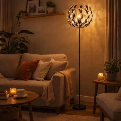 LED Stehlampe Schwarz Gold mit Blätter Design und Kristallen - Stehleuchten mit elegantem Blätterdesign und funkelnden Kristallen, ideal für Wohnzimmer und Schlafzimmer. Der Fußtrittschalter sorgt für praktischen Komfort.