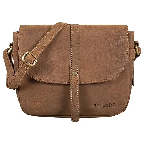 STILORD 'Kira' Umhängetasche Frauen Leder Vintage kleine Handtasche zum Ausgehen klassische Abendtasche Partytasche Freizeittasche Echtleder, Farbe:tan - dunkelbraun