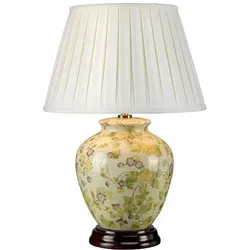 Tischlampe „Yellow Flowers“ – Elegante Beleuchtung in Gelb und Lila - Tischleuchte im floralen Design aus Porzellan mit elfenbeinfarbenem Schirm und Holzsockel. Ideal für ein stilvolles Ambiente in Ihrem Zuhause.