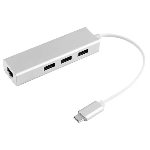 USB Typ C 3.0 Hub mit RJ45 Ethernet Anschluss und 3 USB Type A Port Silber