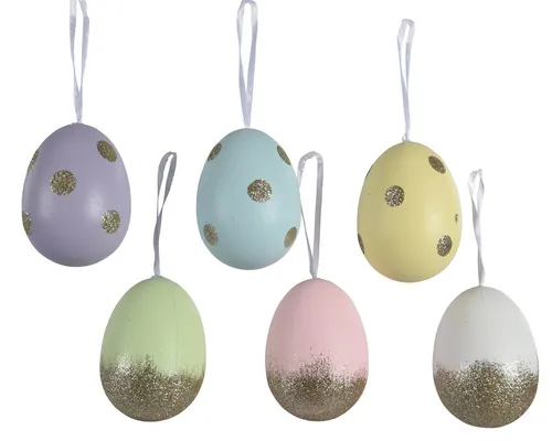 Decoris season decorations Osterei, Ostereier zum Aufhängen mit Glitzer Punkten 9cm Pastell Mix 6 Stück