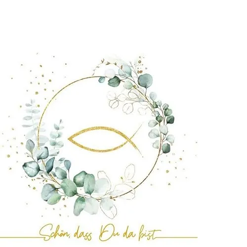 kleine Cocktail-Servietten Fisch um Eukalyptus gold weiß | Kommunion | Konfirmation | Taufe | Junge | Mädchen | Schön dass Du da bist | basteln | Decoupage | Serviettentechnik | Tischdeko 25x25cm 20