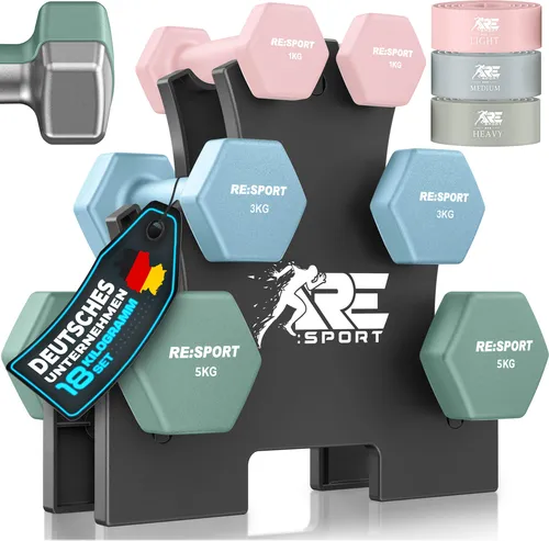 RE:SPORT® Hantel-Set 18 kg mit Ständer & Fitnessbändern