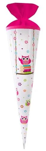 goldbuch 97 143 Schultüte Eule, Geschenktüte aus Lackkarton mit Eulen als Motiv, Geschenkverpackung mit pinkem Filzverschluss (ohne Verschlussband), Zuckertüte rund, Länge 70 cm, Ø 19 cm, Weiß