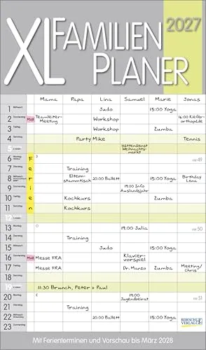 XL Familienplaner Pastell 2027: Familienkalender mit 6 breiten Spalten. Hochwertiger Familientimer mit Ferienterminen, extra Spalte, Vorschau bis März 2027 und nützlichen Zusatzinformationen.
