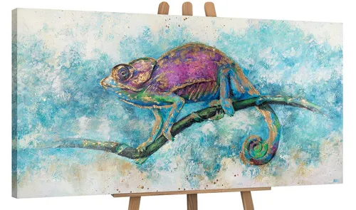 YS-Art Gemälde Leguan, Tiere, Leinwand Bild Handgemalt Gold Grün Lila Türkis